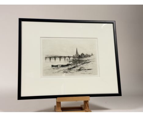 Sir David Young Cameron (Scottish 1865-1945), Perth Bridge etching, signed and titled bottom right, in a glazed mounted frame