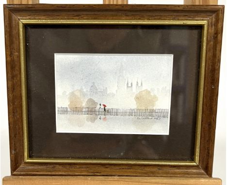 Ken Lochhead (Scottish 1936 - 2006), Edinburgh skyline, watercolour on paper,1987, signed 8 cm x 5.5 cm, Mounted, framed and 