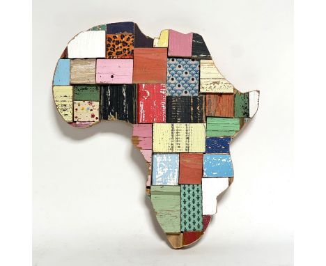 A block art wall sculpture of painted vintage blocks of the continent of Africa (h. x 30 cm l. x 27 cm)