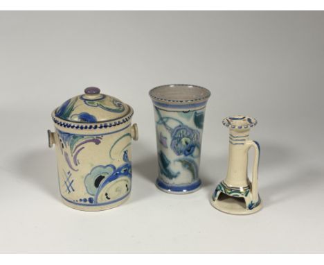 A collection of three Collard Honiton Pottery wares comprising an ice bucket with cover (h-20.5cm), a trumpet shaped vase and