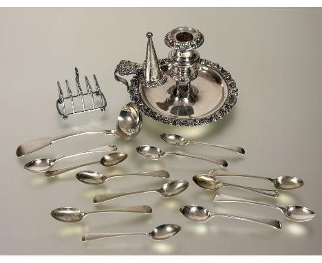 A box conating a collection of Epns to include a veriety of spoons, cahmpber candle stick with snuffer and miniature four dev