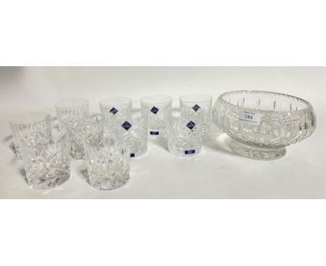 A set of five Edinburgh Crystal tumblers/whisky glasses with labels together with a large Edinburgh Crystal salad bowl (h. x 