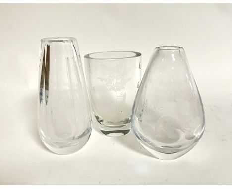 A group of three Orrefors glass etched vases including etched glass vase with otters fully marked "Ofors GH 935: 10 E Gordon"