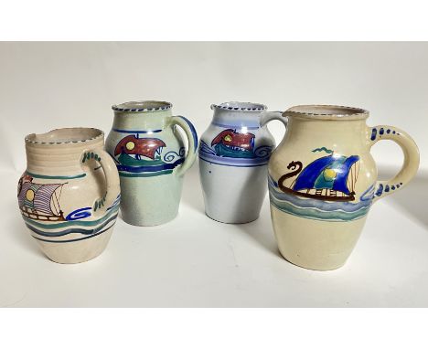 A group of four hand painted Honiton pottery jugs of varying sizes two with red and green boat design (h. x 20.5 cm and 20 cm