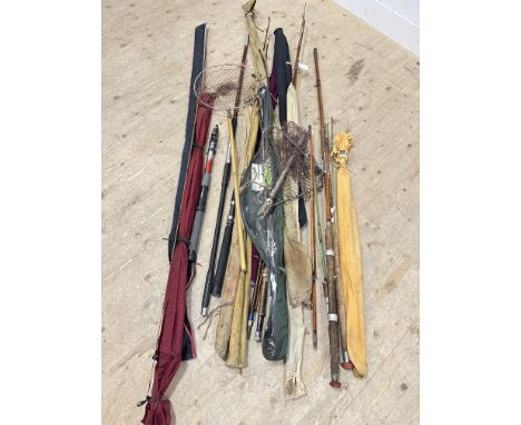 Fishing interest: to include a&nbsp; collection of split cane rods, telescopic rod, landing nets etc (A lot)