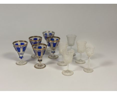 A set five Moser bohemian glass liquor glasses (h-9cm) (loss to gilt enamelling),&nbsp;four short stemmed etched sherry glass