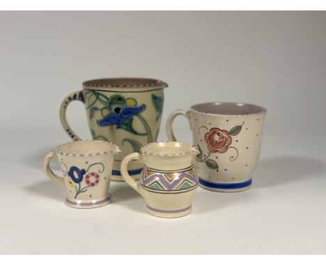 A Collard Honiton pottery large mug (h-12cm) and pitcher (h-15.5cm) together with an unmarked creamer (h-9cm) and milk jug. (