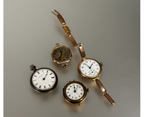 A group of three various 9ct gold cased ladys wristwatches and a silver Elgin fob watch a/f 54g (4)