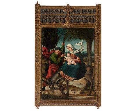 Castilian school; 16th century."Rest from the Flight into Egypt".Oil on panel. Engatillada.It has cracks in the panel, caused