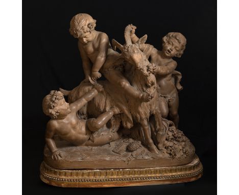 CLAUDE MICHEL CLODION (Nancy, 1738 - Paris, 1814)."Satyrs playing with a goat".Terracotta.Signed and dated on the back of the