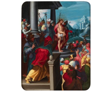 Flemish school of the early 17th century."Christ before the people".Oil on copper.Measurements: 25 x 19,5 cm; 28,5 x 23,5 cm 
