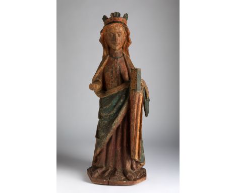 Gothic Virgin. Spain, 14th century.Carved wood.Polychromy partially lost.Missing left hand.Measurements: 101 x 37 x 29 cm.Mar