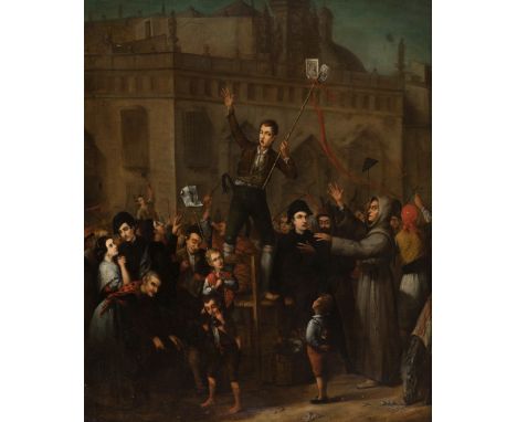 Spanish school; circa 1840."Popular uprising".Oil on canvas.It has restorations.Preserves period frame.It presents illegible 