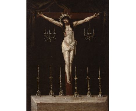 Spanish school; 17th century."Crucifixion".Oil on canvas.Measurements: 46 x 35 cm; 66 x 54 cm (frame).In this work the author