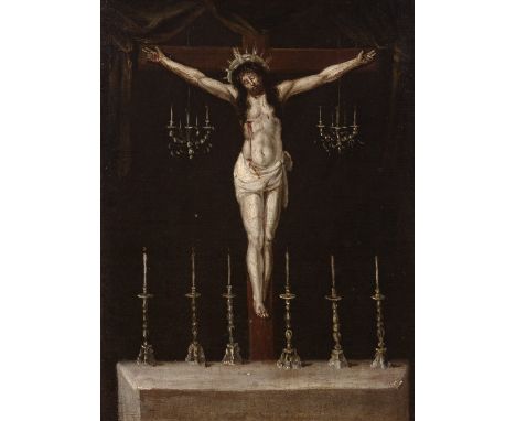 Spanish school; 17th century."Crucifixion".Oil on canvas.Measurements: 46 x 35 cm; 66 x 54 cm (frame).In this work the author