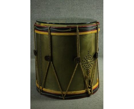 Lamp tables, pair, converted from vintage military drums with brass carcasses. H.66 Dia. 60cm. 
