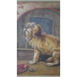 A gilt framed and glazed early 20th century oil on canvas of a terrier with a snail. Inscribed to