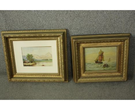 A 19th century framed and glazed watercolour, lakescape along with a 19th century oil of a seascape.
H.49 W.50 (largest) 