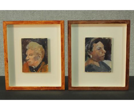 A pair of mid century framed oil on panel profile portraits, unsigned. H.30 W.16 cm. 