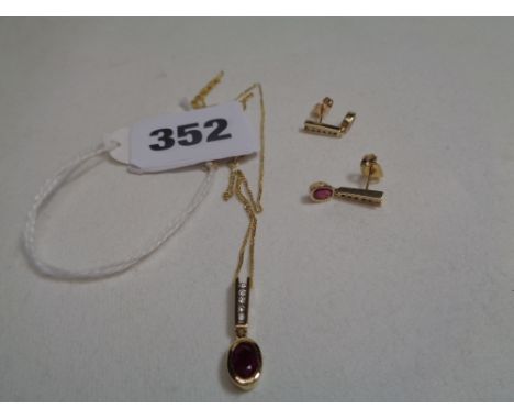Good quality 9K Gold Ruby & Diamond set Pendant on chain and earring set