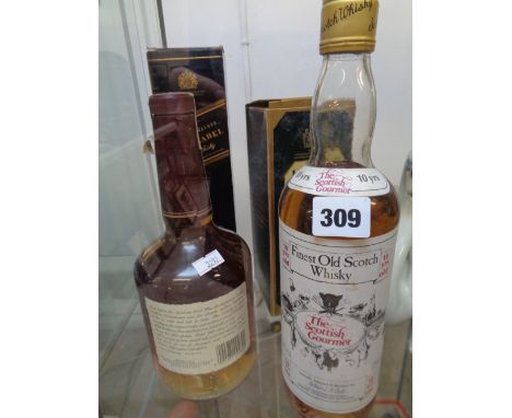 Bottle of Rebel Yell Bourbon Whisky, Bottle of The Scottish Gourmet Whisky, Boxed Langs Select 12yr Scotch