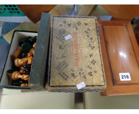 Boxed Chad Valley Mah-Jong, Vintage Chess set and a wooden lidded box