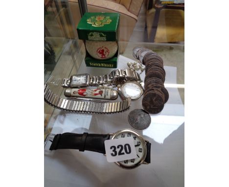 Qty. of Early Copper Pennies, Qty. of watches and a Old St Andrews Scotch Whisky design Golf Ball