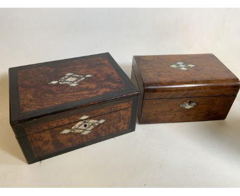 Two mother of pearl inlaid walnut boxes. W:30cm x D:23cm x H:15cm
