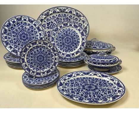 A 19th Century Booths part dinner service on blue and white Indian Ornament pattern. Includes large meat platter 45cm, a larg
