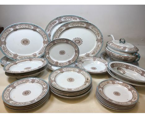 A Victorian part dinner service in Lucerne pattern. Includes 6 platters, a tureen with ladle, ( damage to lid), 3 sizes of pl