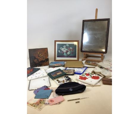 A mixed lot of vintage boxed hankies, embroidered table cloth and runner, a nurses hat, oriental mirror, badges and other ite