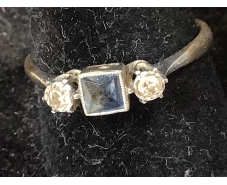 A platinum and 9ct gold diamond and blue stone  ring size P / 7.75 in Art Deco style 