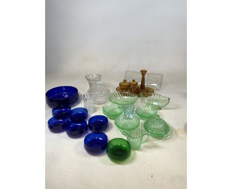 A quantity of vintage coloured glass including an amber dressing table set, green glass serving sushi and bowls, blue glass s