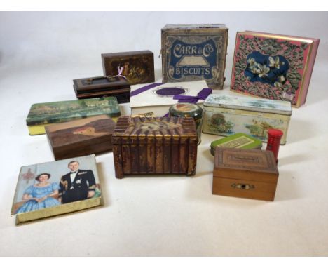 A quantity of vintage tins and boxes includes cart &amp; Co, Sharps, Cadbury, Huntley and Palmer and others 