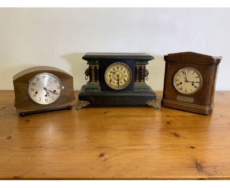 Three mantle clocks, Edwardian inlaid, faux slate mantle clock and an Art Deco clock.