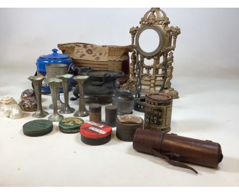 Vintage tins including Andrews Liver Salt, Fluxite and others also with metal items a cine film and others
