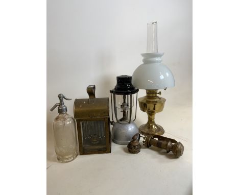 A Vapalux lamp a brass lantern marked Moto sails Weymouth, railway oil lantern etc.