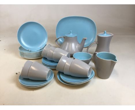 Poole pottery blue and grey two tone tea set includes teapot and hot water pot, tea cups and saucers, tea plates, jug and sug