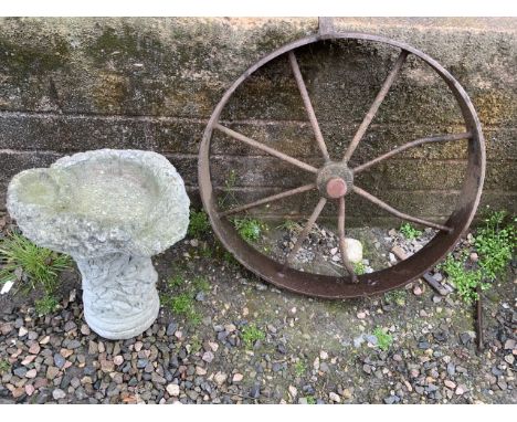 A Vintage metal wheel and two piece bird bath. Wheel W:70cm x H:70cm