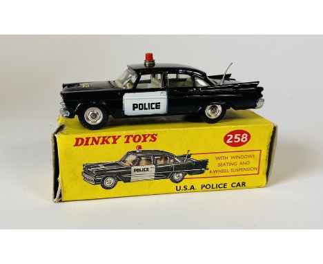 Dinky Toys, 258, USA Police Car, (black body with white door fronts, Police on doors, bonnet and boot, red roof light, cream 