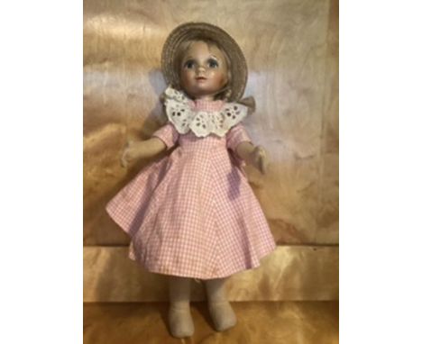 Old Cottage dolls; Early 1950s hard head felt bodied early 13” rarely seen Old cottage larger doll-rose dress and petticoat a