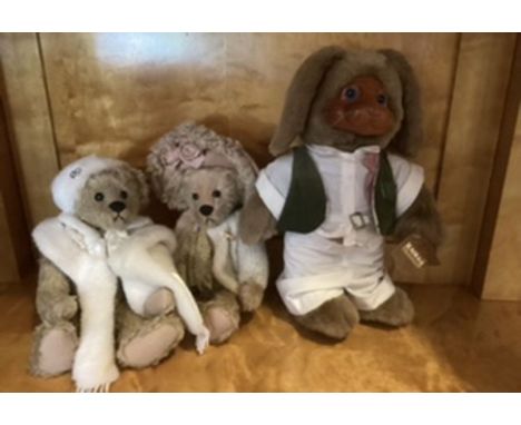 Raikes Vintage tagged Rabbit c 16” with solid face and plush attire and a pair of Artist Ashton Drake Gallery Teddy bears in 