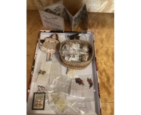 Selection of dolls house miniatures both vintage and earlier to include an artist made dolls house doll and &nbsp;a book of 1