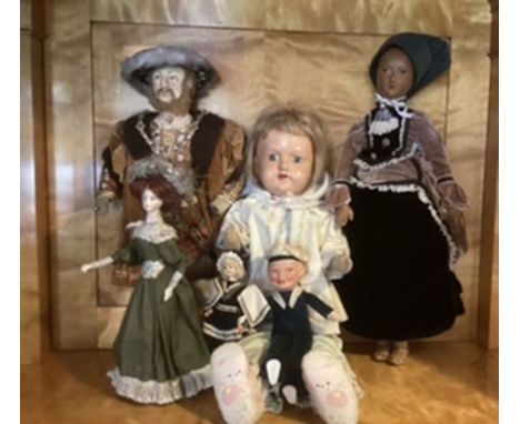 Vintage collection of cloth dolls to include a Chad valley( Wrekin styled doll) with foot label tall girl and others in cloth