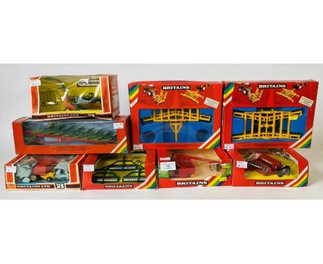 Britains 1:32 Scale - To include: 8 furrow plough, 2x disc harrow, vicon mower, massey ferguson 130 seed drill, forage harves