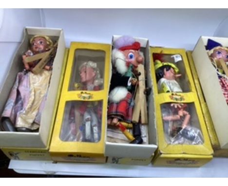 Vintage Pelham puppets from 1960s boxed to include Cinderella Prince Charming and others (3) all used puppets in generally go