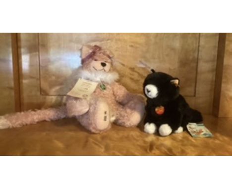 Steiff Black Plush tagged cat and a Hermann rose plush Cat-Both vintage German Toys in very good order with tags (2)