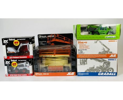 ERTL 1:25 Scale bobcat models (2), 1:32 Merlo telehandler, JLG 1:32 scissor lift, 2x JLG 1:32 Telehandlers (6)