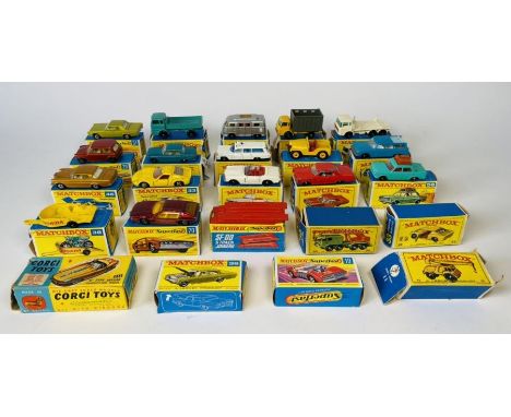 Matchbox Lesney Superfast die cast models, with an assortment of empty boxes in varying condition including Corgi Toys 312 em