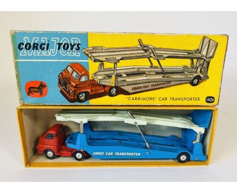 A Corgi Toys No. 1101 Bedford 'Carrimore' car transporter (red cab and chassis with blue and off-white/egg shell rear trailer